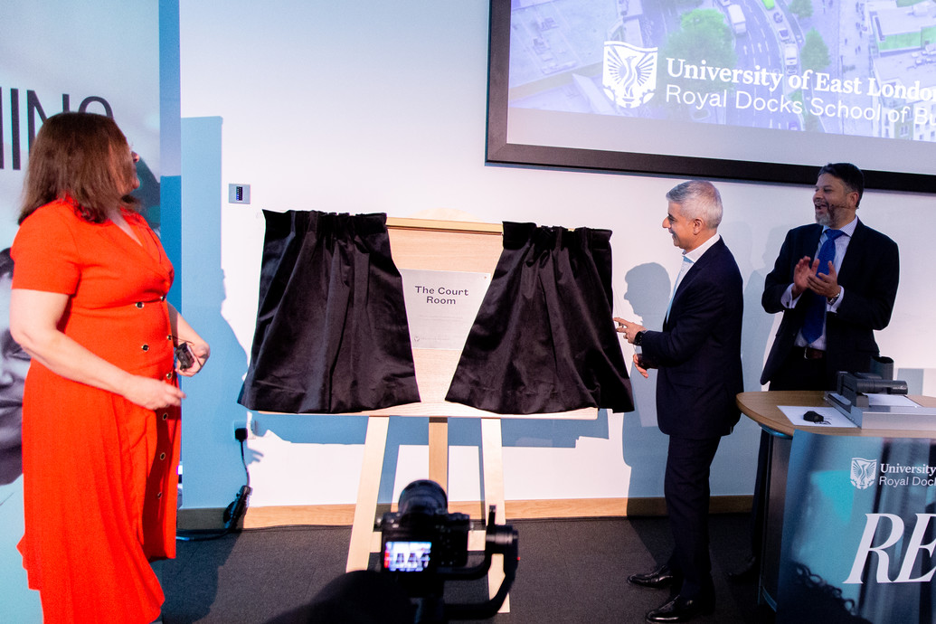 Professor Amanda Broderick (Vice Chancellor and President), Mayor of London Sadiq Khan, and Dean of The Royal Docks School of Business and Law Professor Mohammad Ali