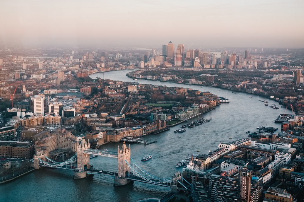 aerial shot of London from Tower Bridge to Canary Wharf