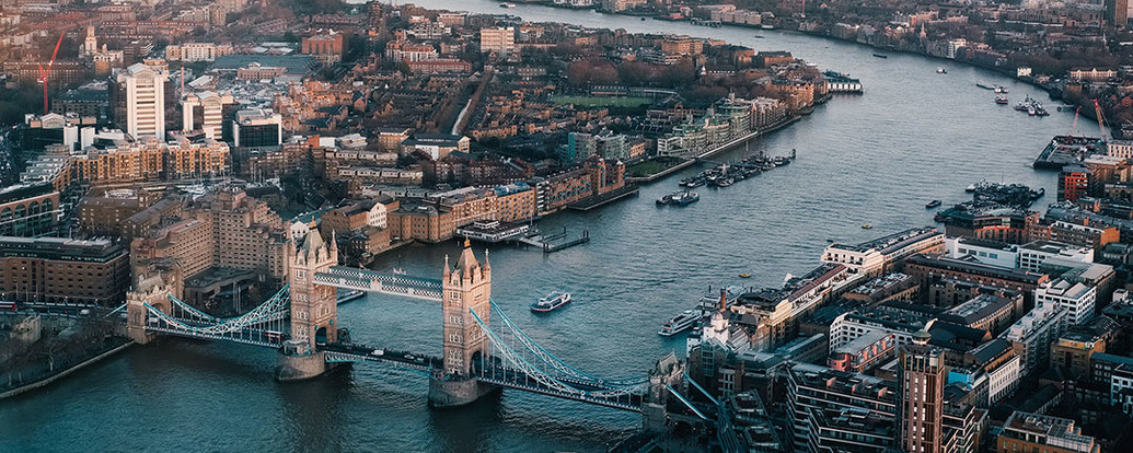 London Tower Bridge aerial shot with river Thames