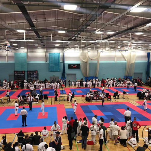 Karate tournament in the Arena. Competitors are standing on thier matts in groups of two ready to commence fighting.